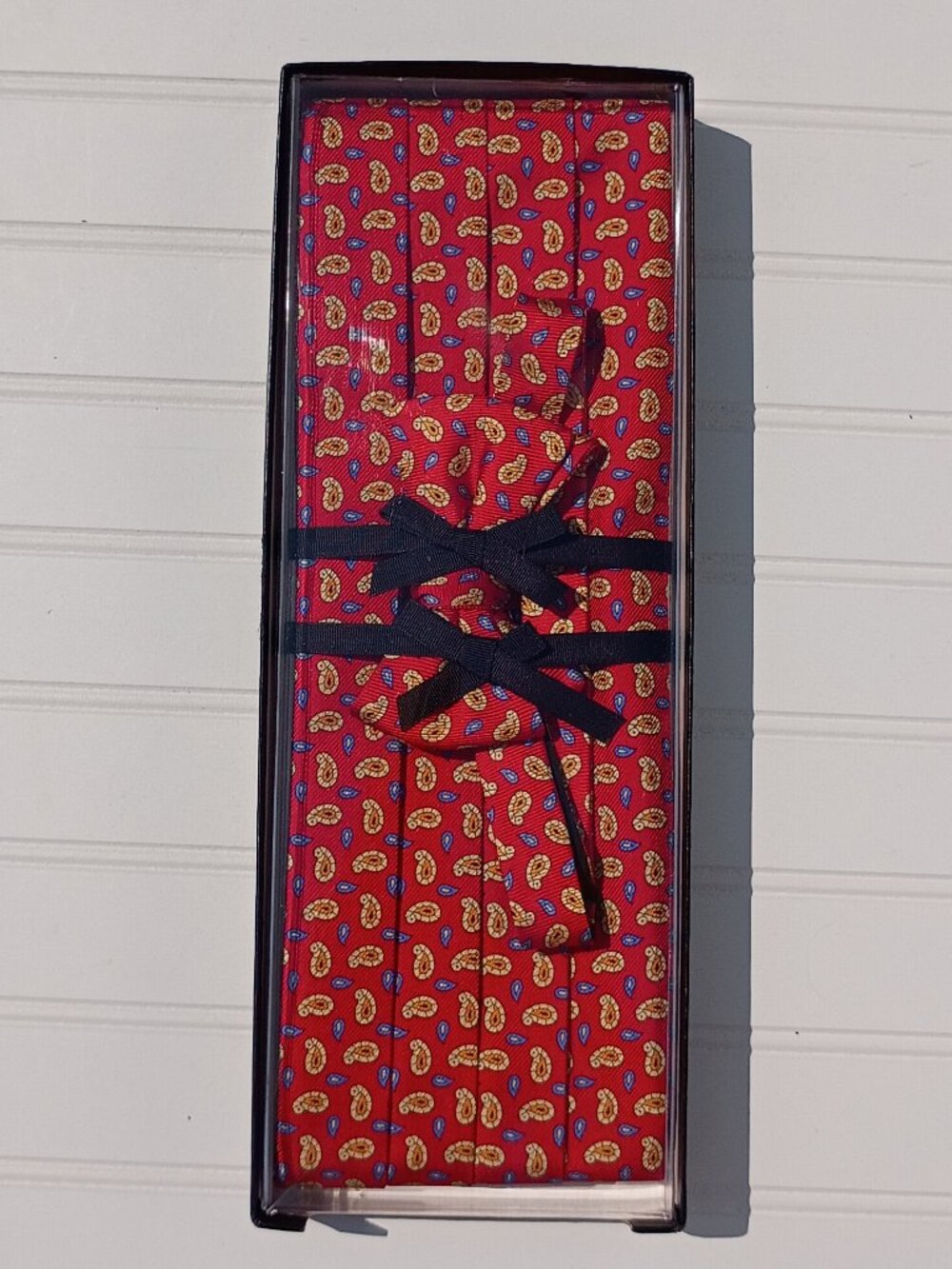 NEW R Hanauer Silk Bow Tie and Cummerbund Set Red Yellow Paisley Made in USA Vtg